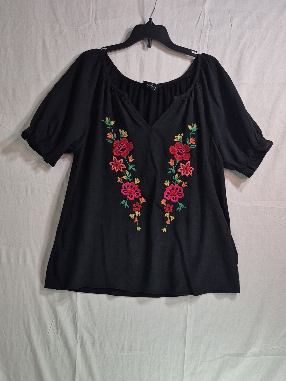 Flower & Feather Black V-Neck Peasant Top with Floral Embroidery